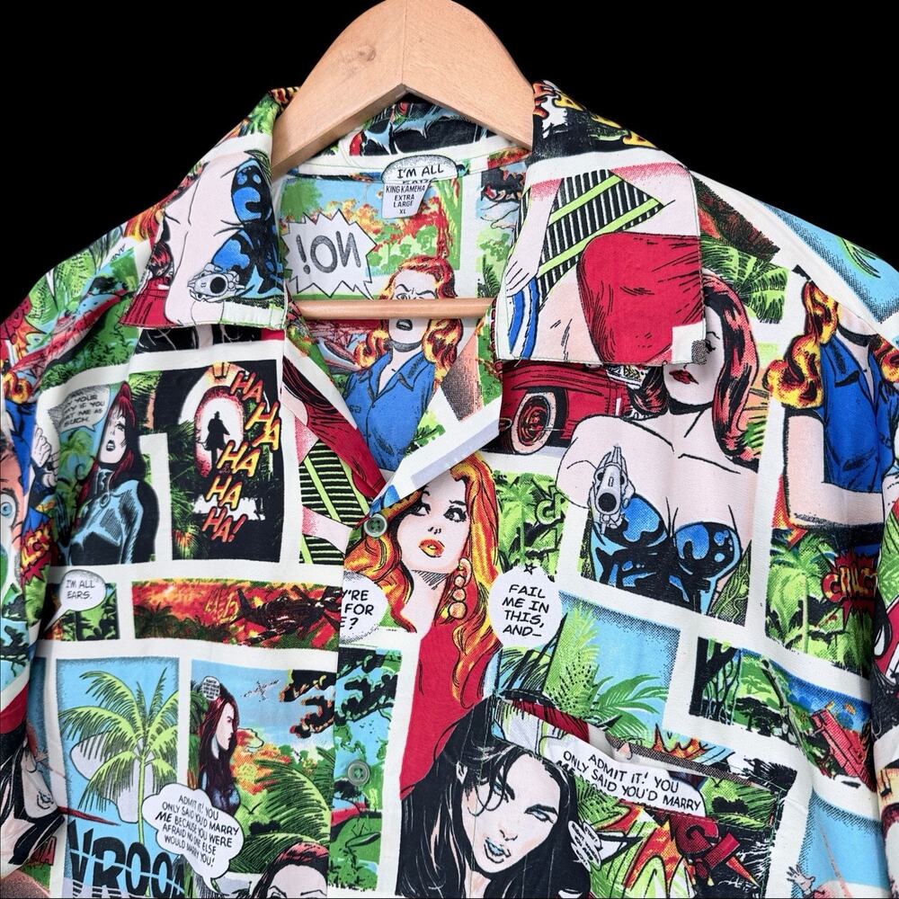 King Kameha Hawaiian Shirt Mens XL Comic Book Pop Art Pinup Rockabilly 80s 90s